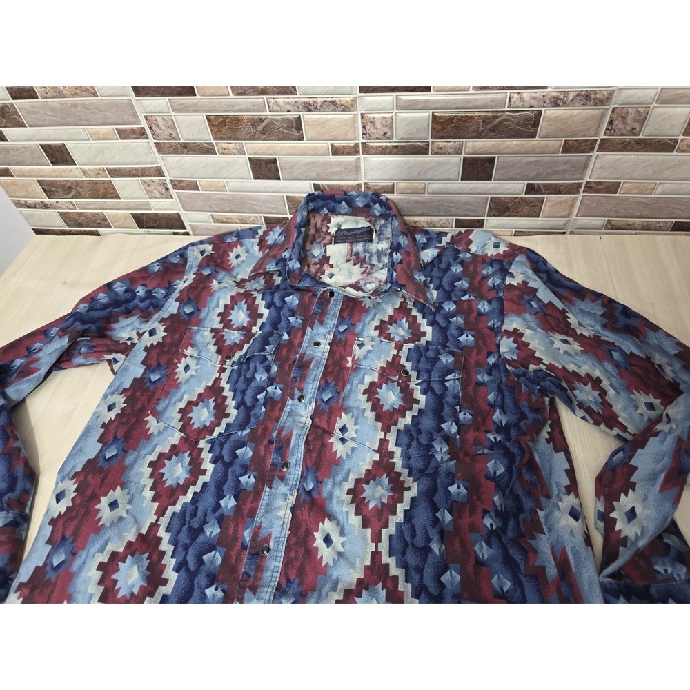 Wrangler Western Shirt X-Long Tails Aztec 16.5 x 35 Men's L – Blue Pearl Snap